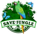 Vector Jungle Emblem with green macaw and butterflies