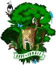 Vector Jungle Emblem with harpy, jaguar, anaconda, toucan, blue macaw ara, monkey and butterflies