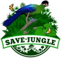 Vector Jungle Emblem with Hartlaub`s turaco and butterflies