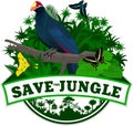 Vector Jungle Emblem with male Ross`s turaco and butterflies