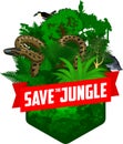 Vector jungle rainforest emblem with anaconda, toucan, macaw ara, harpy eagle, monkey and peccary