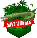 Vector jungle rainforest emblem with Australian saltwater crocodile