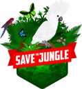 Vector jungle rainforest emblem with Australian white cockatoo and Crimson Rosella