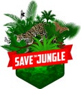 Vector jungle rainforest emblem with clouded leopard and butterflies