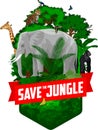 Vector jungle rainforest emblem with elephant, male gorilla, leopard, giraffe, Hartlaub`s turaco and butterflies