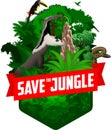 Vector jungle rainforest emblem with Giant Anteater, aracari toucanet, anaconda and puma