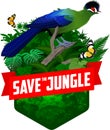 Vector jungle rainforest emblem with Hartlaub`s turaco and butterflies Royalty Free Stock Photo