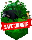 Vector jungle rainforest emblem with Indian sloth bear, cobra and butterflies