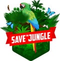 Vector jungle rainforest emblem with parrot blue-and-yellow macaw, Morpho menelaus, Amazon beauty and Glasswing butterfly