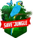 Vector jungle rainforest emblem with male gorilla, Hartlaub`s turaco and broadly green-banded swallowtail butterfly Royalty Free Stock Photo