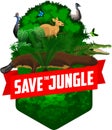 Vector jungle rainforest emblem with platypus, ostrich Emu, cassowary, salltwater crocodile and butterflies