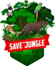 vector jungle rainforest emblem with tapir, jaguar, parrot