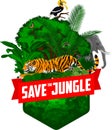 Vector jungle rainforest emblem with tiger, elephant, great hornbill and butterflies