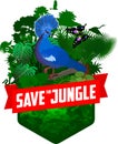 Vector jungle rainforest emblem with victoria crowned pigeon, lesser bird of paradise, eagle, snake and butterfly