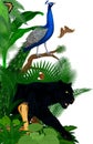 Jungle rainforest foliage vertical border illustration with King cobra, black panther, male peacock peafowl and butterflies