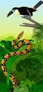 Vector Jungle rainforest vertical baner with channel-billed toucan and python boa constrictor