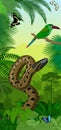 Vector Jungle rainforest vertical baner with Green anaconda, Crimson-rumped toucanet and tropical butterflies