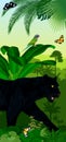 Vector Jungle rainforest vertical baner with jaguar or leopard black panther, butterflies and Red-Breasted Parakeet parrot