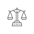 Justice scales, libra line icon.