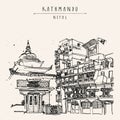 Vector Kathmandu, Nepal, Asia postcard. A backyard in old town with a beautiful ancient shrine. Travel sketch. Artistic drawing of