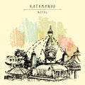 Vector Kathmandu, Nepal, Asia postcard. Gorgeous prominent venerable ancient Swayambhunath Swayambhu temple. Travel sketch