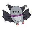 Vector kawaii bat. Cute smiling Halloween character for kids. Funny autumn all saints day cartoon animal with spread wings