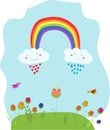Vector kawaii cartoon cute funny card, illustration with rainbow, sniling clouds, flowers and birds Royalty Free Stock Photo