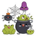 Vector kawaii cauldron with frog, potion, mushroom and spider on the web. Cute Halloween scene with characters. All saints day Royalty Free Stock Photo