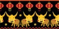 Vector Kawaii Chinese new year of the ox border background. Cute zodiac bull, lanterns, cut out peonies black,red bold