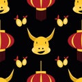 Vector Kawaii Chinese new year of the ox seamless pattern background. Cute gold zodiac bull, red lanterns, pomelo fruit