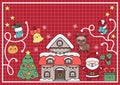 Vector kawaii Christmas background with cute house, Santa Claus, snowflakes. Funny winter holiday card or activity book cover with Royalty Free Stock Photo