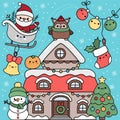 Vector kawaii Christmas scene with Santa Claus in sledge, decorated house, fir tree, snowman, snowflakes. New Year illustration.