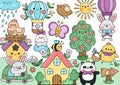Vector kawaii Easter scene with bunny, colored eggs, cute cottage house, blooming tree, funny animals. Spring illustration. Cute