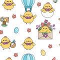 Vector kawaii Easter seamless pattern for kids with funny chicks. Cute cartoon repeat background. Traditional symbols digital