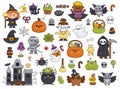 Vector kawaii Halloween clipart set for kids. Cute cartoon Samhain party elements. Scary collection with jack-o-lantern, haunted Royalty Free Stock Photo