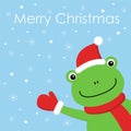 Vector kawaii illustration of a cartoon frog with hat and scarf in winter. greeting card Royalty Free Stock Photo