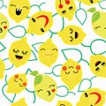 Vector kawaii lemon with cute black eyes seamless pattern kawaii fruit with emotional faces and green leaves outlines