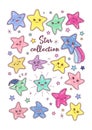 Vector kawaii sticker puck of cute hand-drawn stars collection.