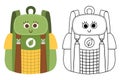 Vector kawaii traveler backpack colored and black and white illustration. Schoolbag clipart. Cute flat and line style smiling trip