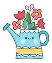 Vector kawaii watering can with first flowers icon for kids. Cute Easter symbol illustration. Funny cartoon character. Adorable