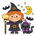 Vector kawaii witch standing with broom and black cat under the half moon and stars. Halloween scene with cute girl. All saints Royalty Free Stock Photo