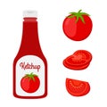 Vector ketchup with tomato. Red sauce, condiment in glass, plastic bottle