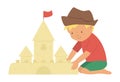 Vector kid constructing sand castle.