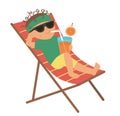 Vector kid relaxing on a deck chair and drinking lemonade. Child doing beach activity. Cute boy isolated on white background. Fun Royalty Free Stock Photo