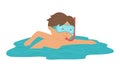 Vector kid swimming in the sea. Child doing beach activity. Cute boy in the water with diving mask and snorkel. Fun summer