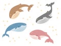 Vector kids dreamy illustration. Whales set with stars and constellations in tender colors. Baby animals. Baby shower.