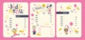 Vector kids menu design template with funny boy and girl characters, hand drawn stars, air balloons, menu in pink yellow colours.