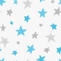 Vector kids pattern with doodle textured stars. Vector seamless background, blue, gray, white, scandinavian style, Royalty Free Stock Photo