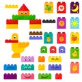 Vector kids plastic bricks toys with kawai fruit with cute smiles. Vector isolates on a white background. Royalty Free Stock Photo