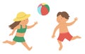 Vector kids playing ball in swimsuits. Children doing beach activity. Cute boy and girl having fun on the seashore. Funny summer Royalty Free Stock Photo